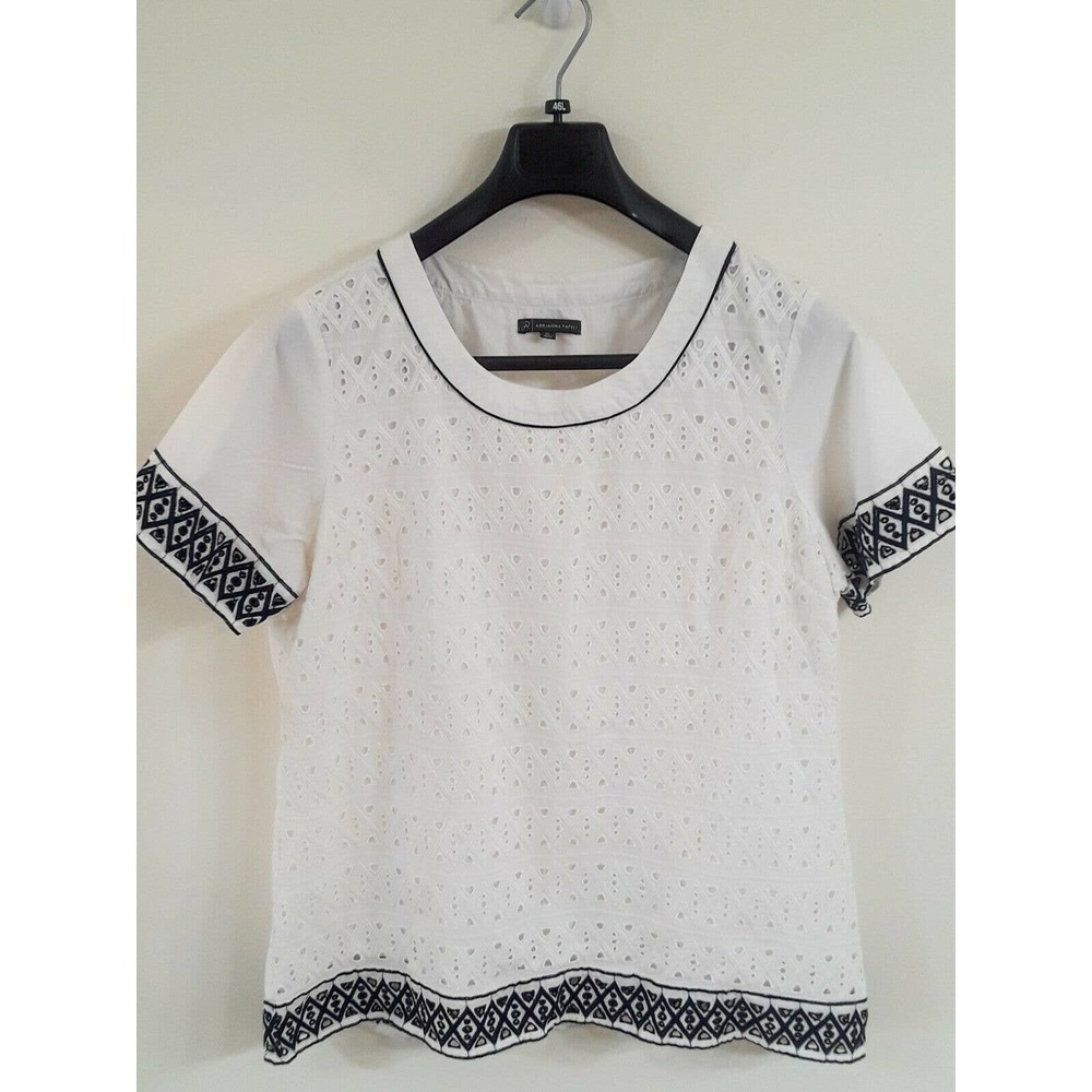 Womens Adrianna Pepell Cotton Short Sleeve Embroidered White Navy Nautical Top